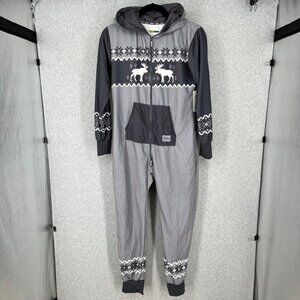 Tipsy Elves Moose Jumpsuit Size M Black Gray One Piece Lounger Zip Up Hood NEW